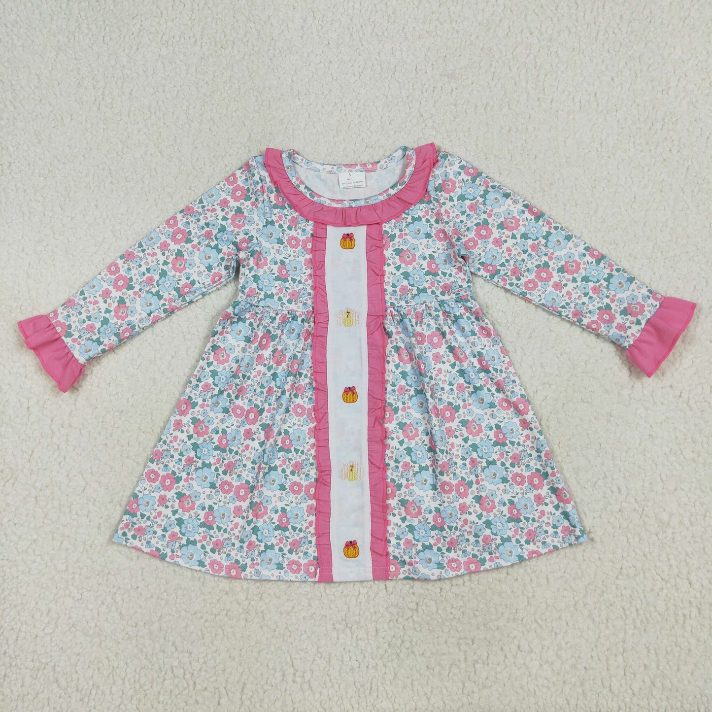 RTS NO MOQ(In Stock) GLD1053 Embroidery Pumpkin Turkey Flower Pink Lace Long Sleeve Dress