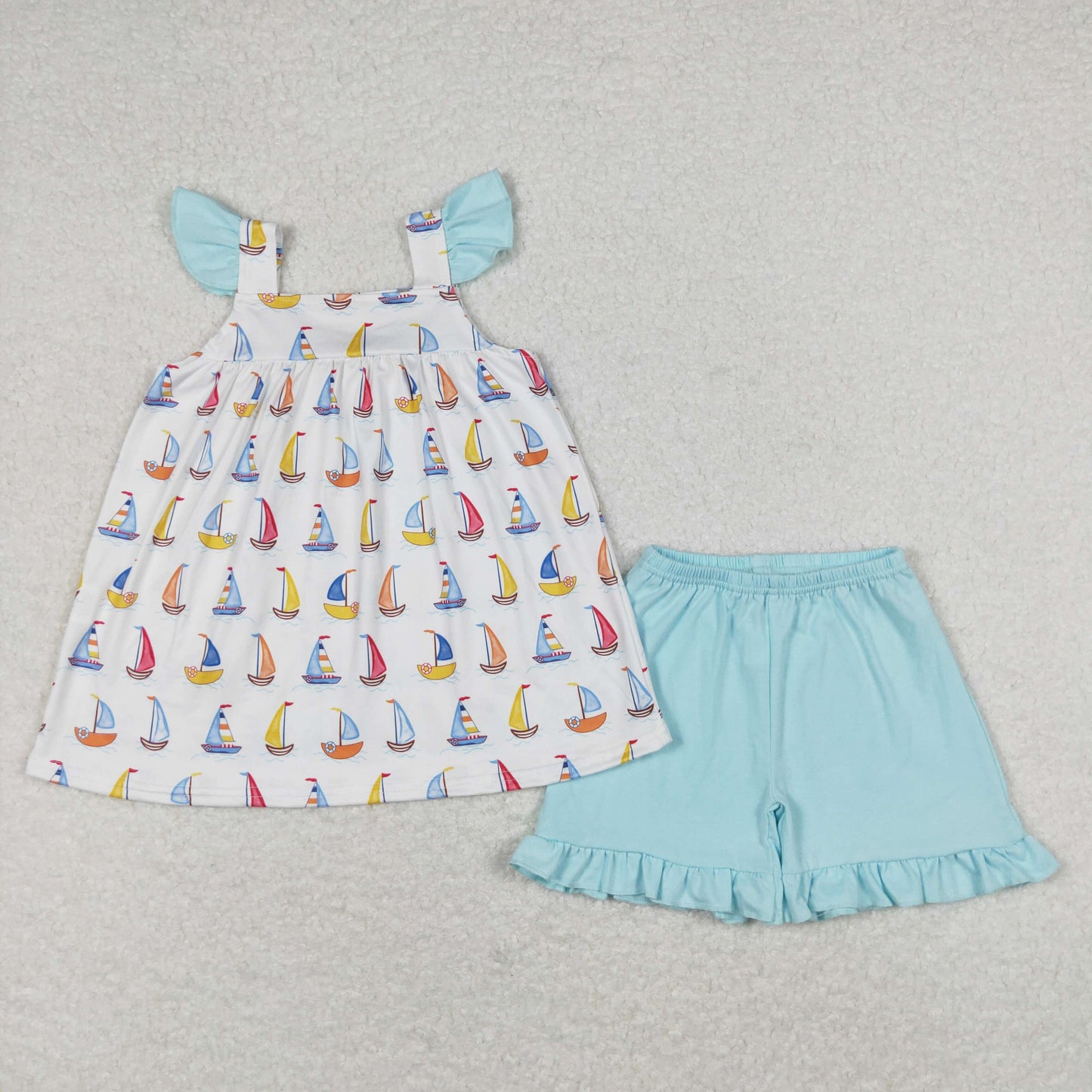 RTS NO MOQ(In Stock) Sailing white flying sleeve blue shorts suit