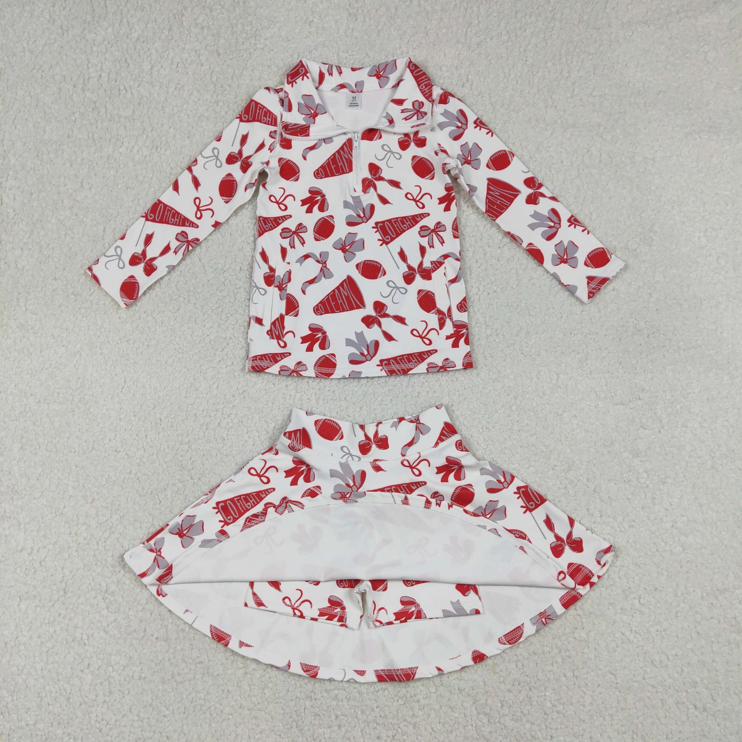 RTS NO MOQ(In Stock) Football red flared bow pattern zippered long-sleeved yoga top skirt set