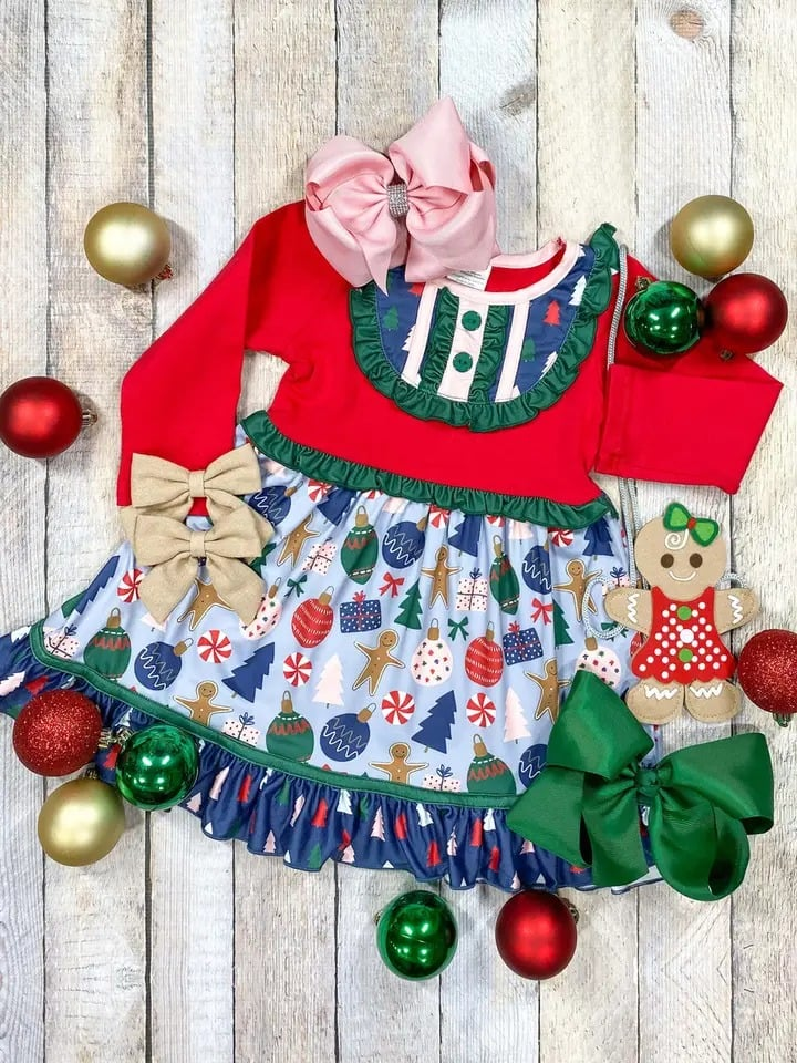 Deadline September 14 custom no moq eta 6-8weeks Green Pleated Belt-Round Neck Red Christmas Dress