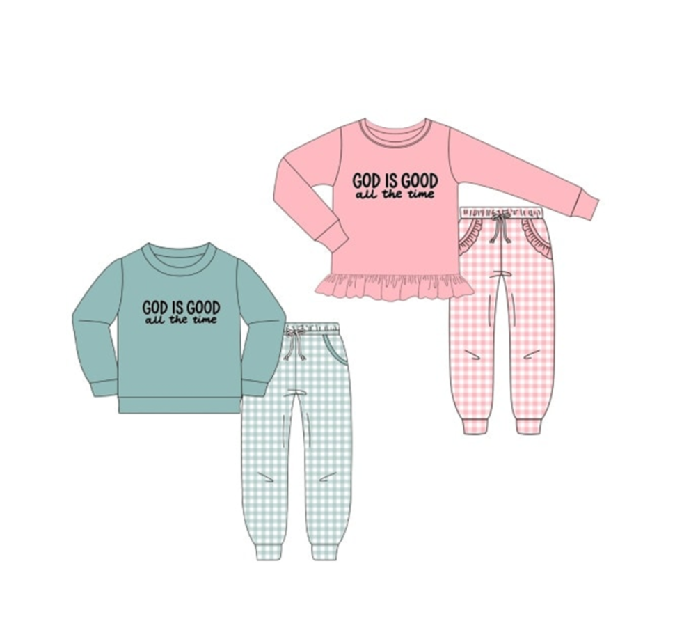 Custom moq 5 each style eta 6-7weeks baby girl clothes GOD IS GOOD long sleeve pants sets 1 and sets 2-25.8.11
