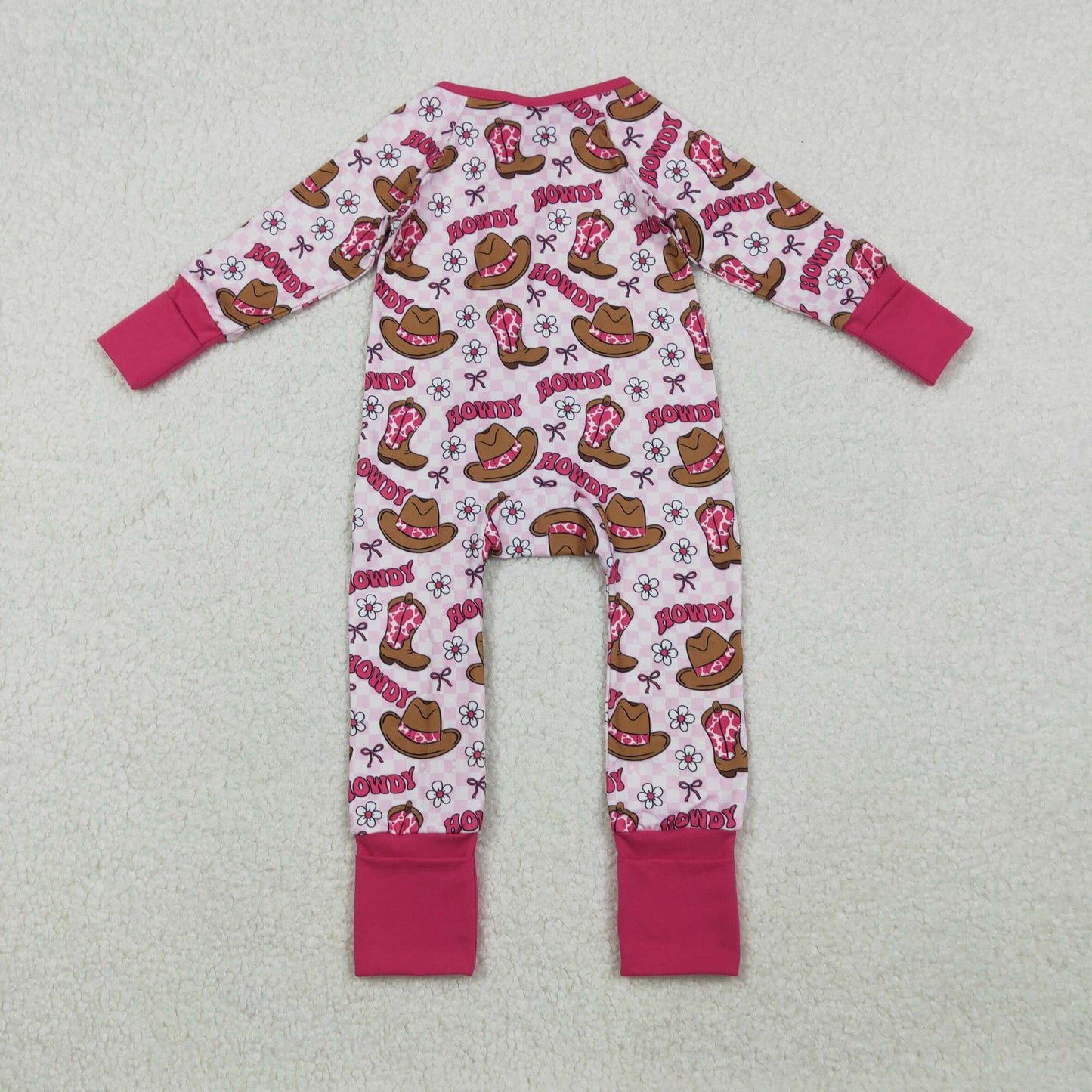 RTS NO MOQ(In Stock) Howdy Cowboy Hat Boots Floral Pink Plaid Zipper Long-Sleeved Jumpsuit