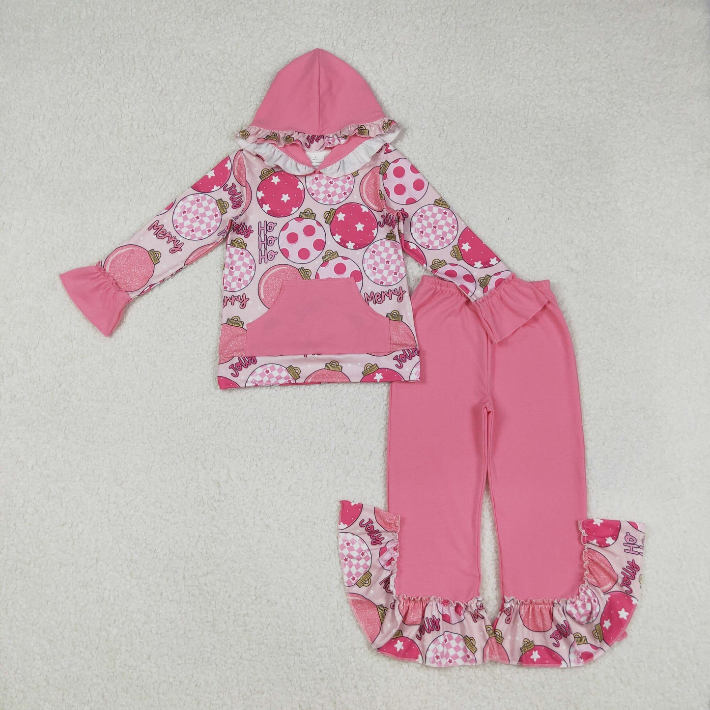 RTS NO MOQ(In Stock) GLP2650 Jolly Christmas Ball Lace Pocket Pink Hooded Long-Sleeved Pants Set GLD1062