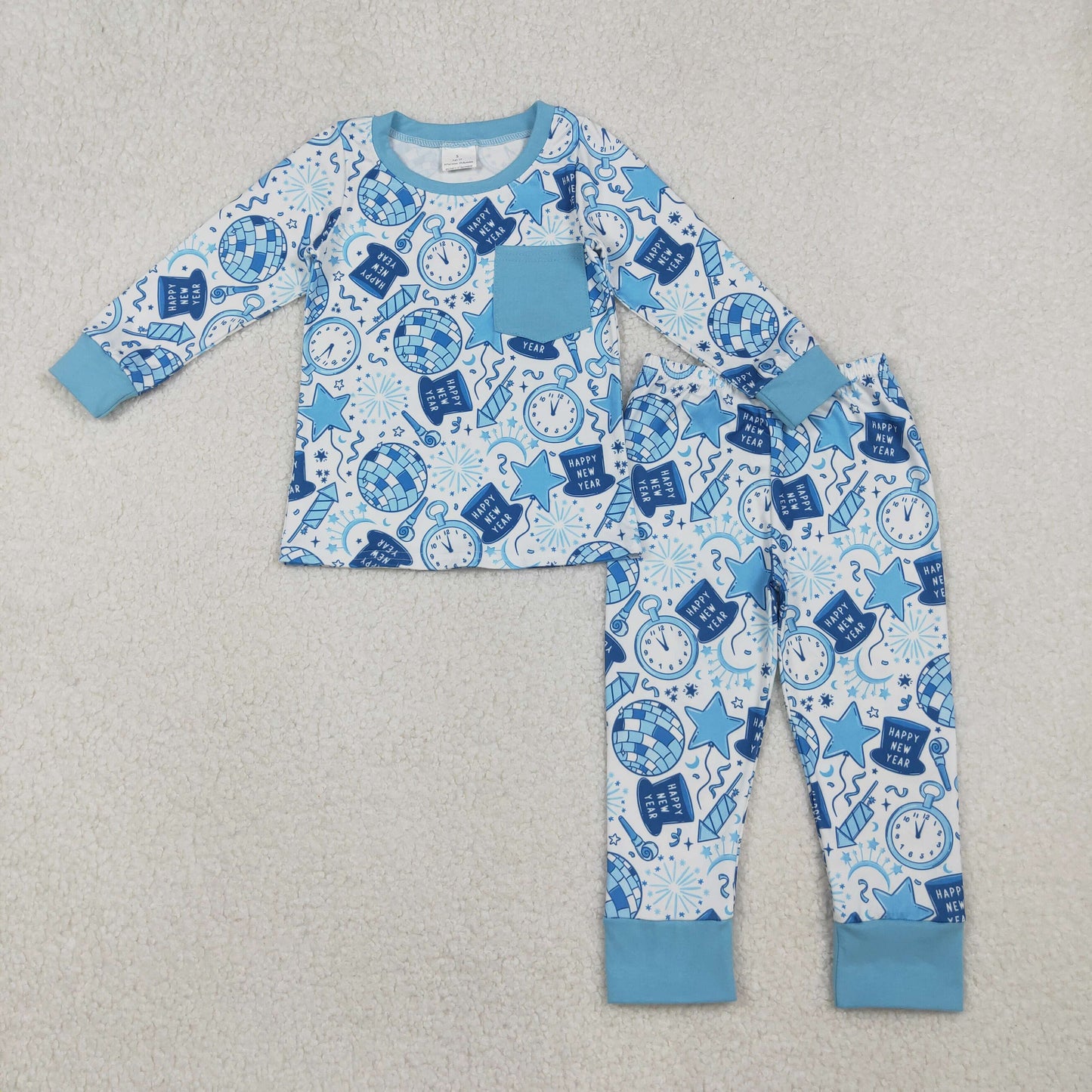 12/18M-7/8T RTS NO MOQ(In Stock) BLP1259 New Year's Alarm Clock Fireworks Blue Long-Sleeved Pants Pajama Set