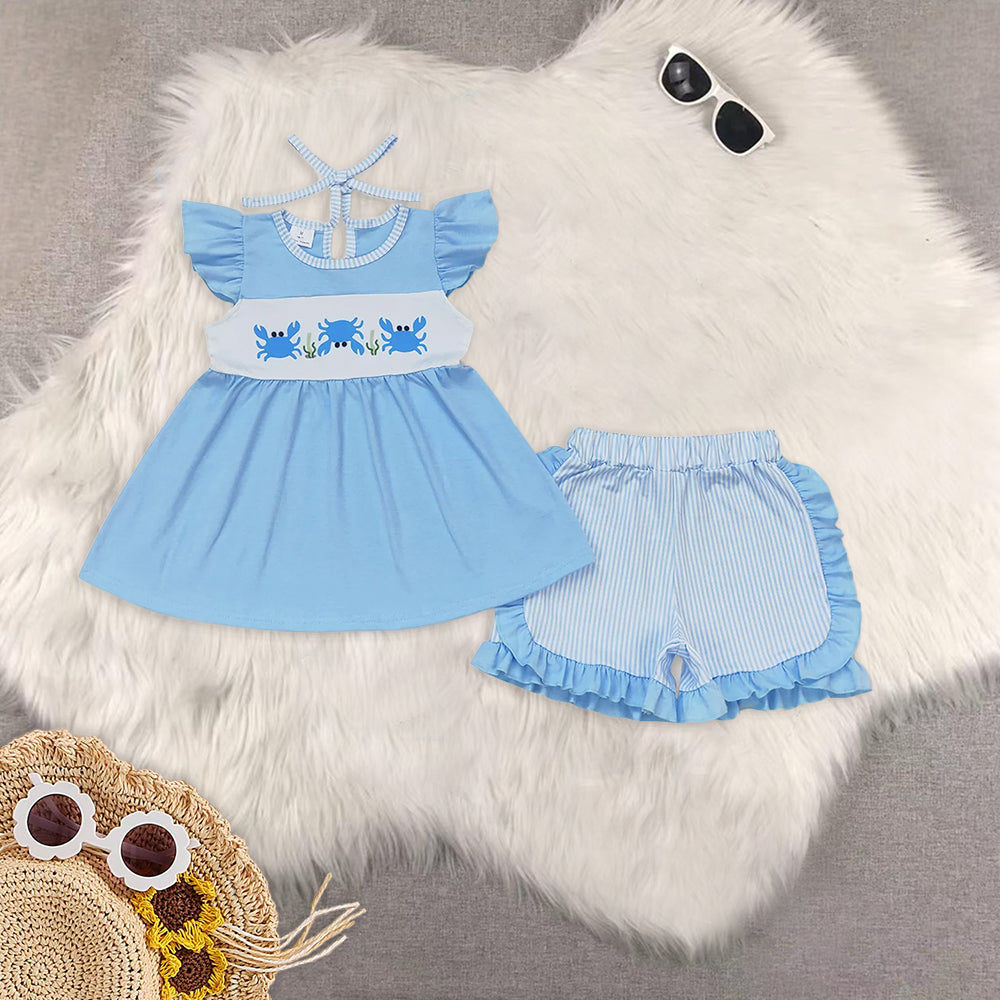 RTS NO MOQ girls clothes crab short-sleeved shorts suit & short-sleeved sets