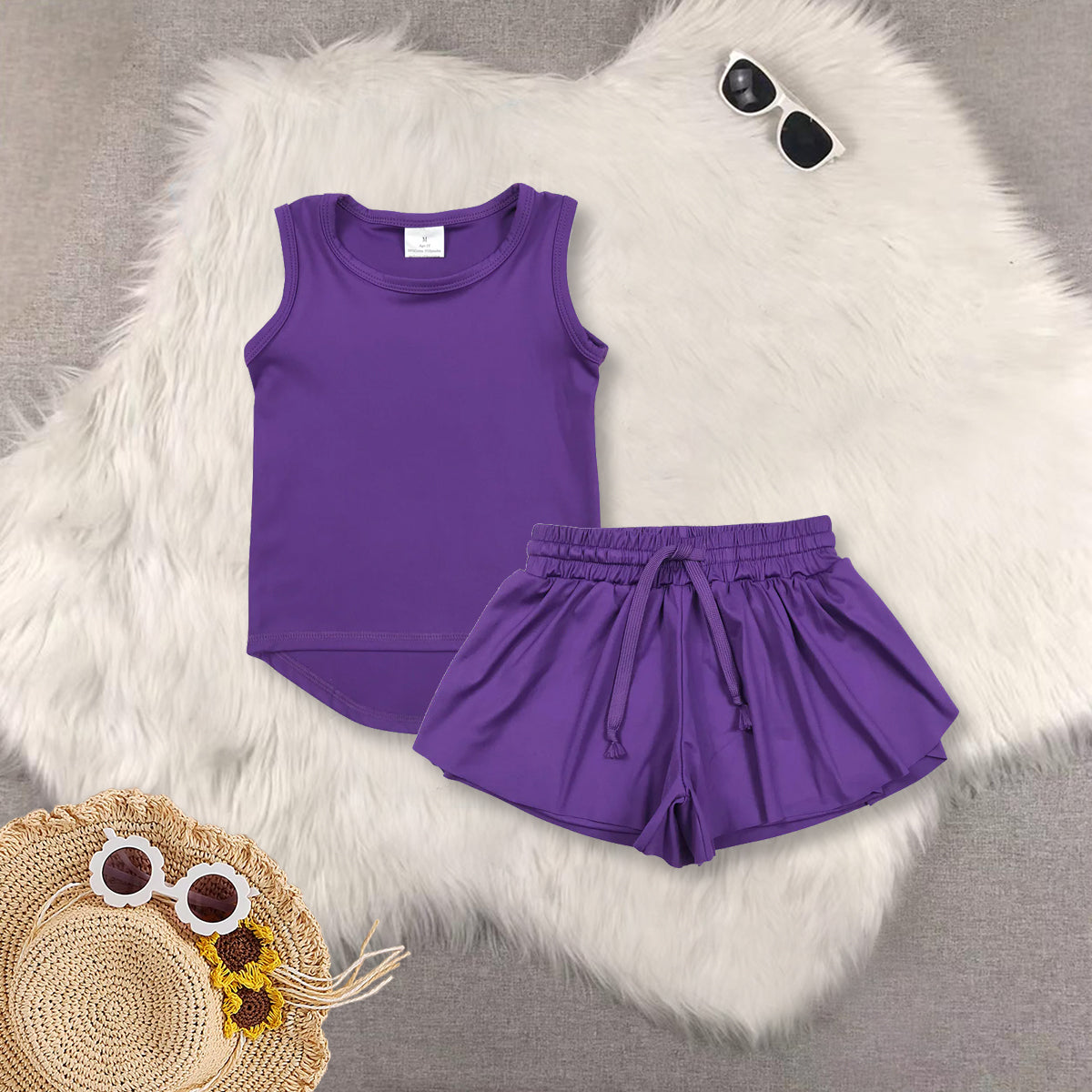 RTS NO MOQ Sibling baby girls clothes yoga solid color short sleeve Clothes Sets-1