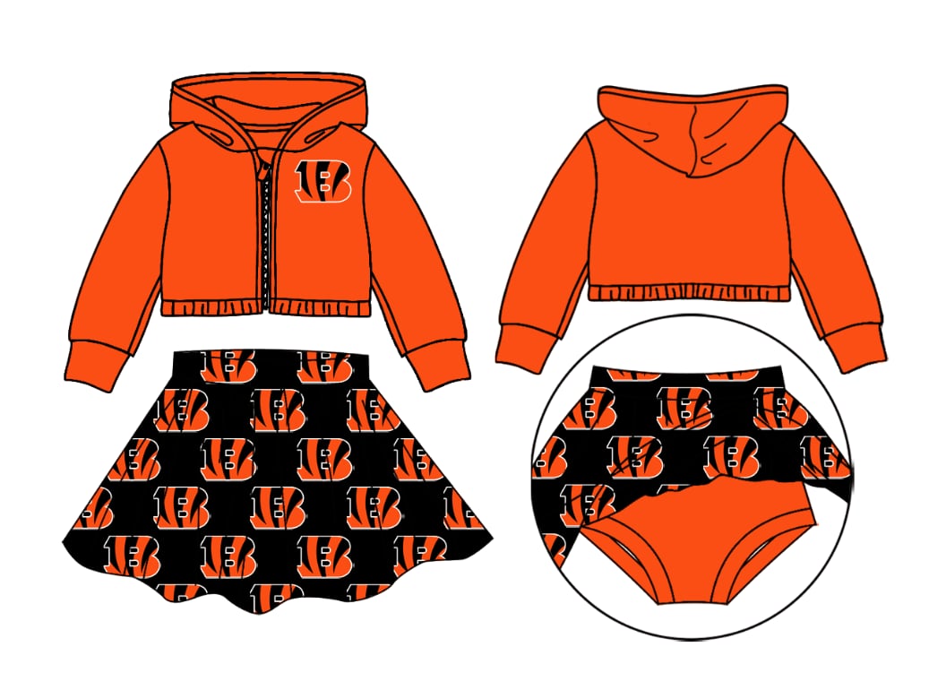 Deadline October 21 custom no moq eta 6-8weeks Striped Letter B Orange Zipper Hooded Jacket-Pleated Skirt Set
