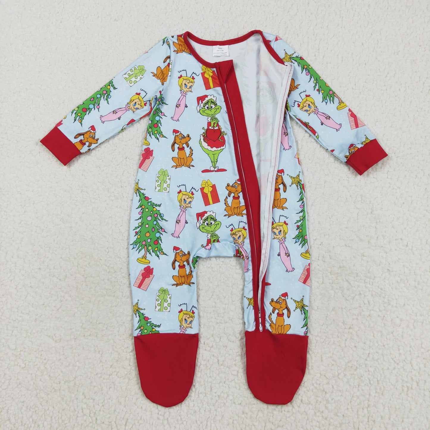 RTS NO MOQ(In Stock) LR2478 boy puppy Christmas tree blue zipper long sleeve jumpsuit