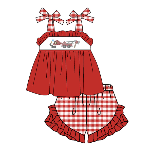 Deadline: May 13 close custom no moq eta 5-6week GSSO0718 girls red girls top andsummer sets