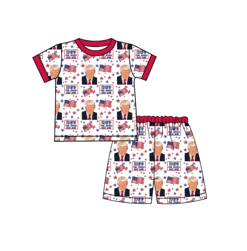 Deadline November 25 custom no moq eta 6-8weeks Baby kids flag-Trump portrait-five-pointed star red and white short-sleeved shorts set