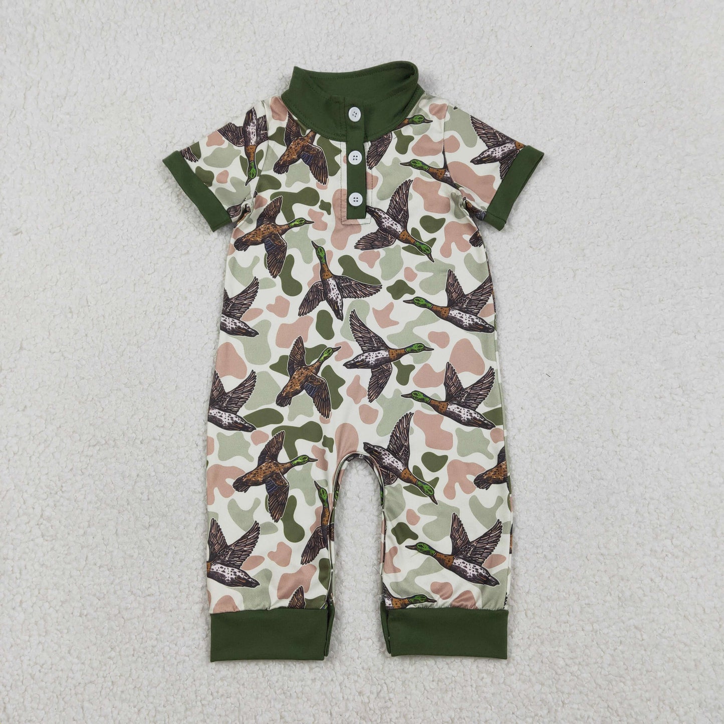 RTS NO MOQ(In Stock ) SR3634 Duck Brown-Green Camouflage Button Collar Short-Sleeved Jumpsuit