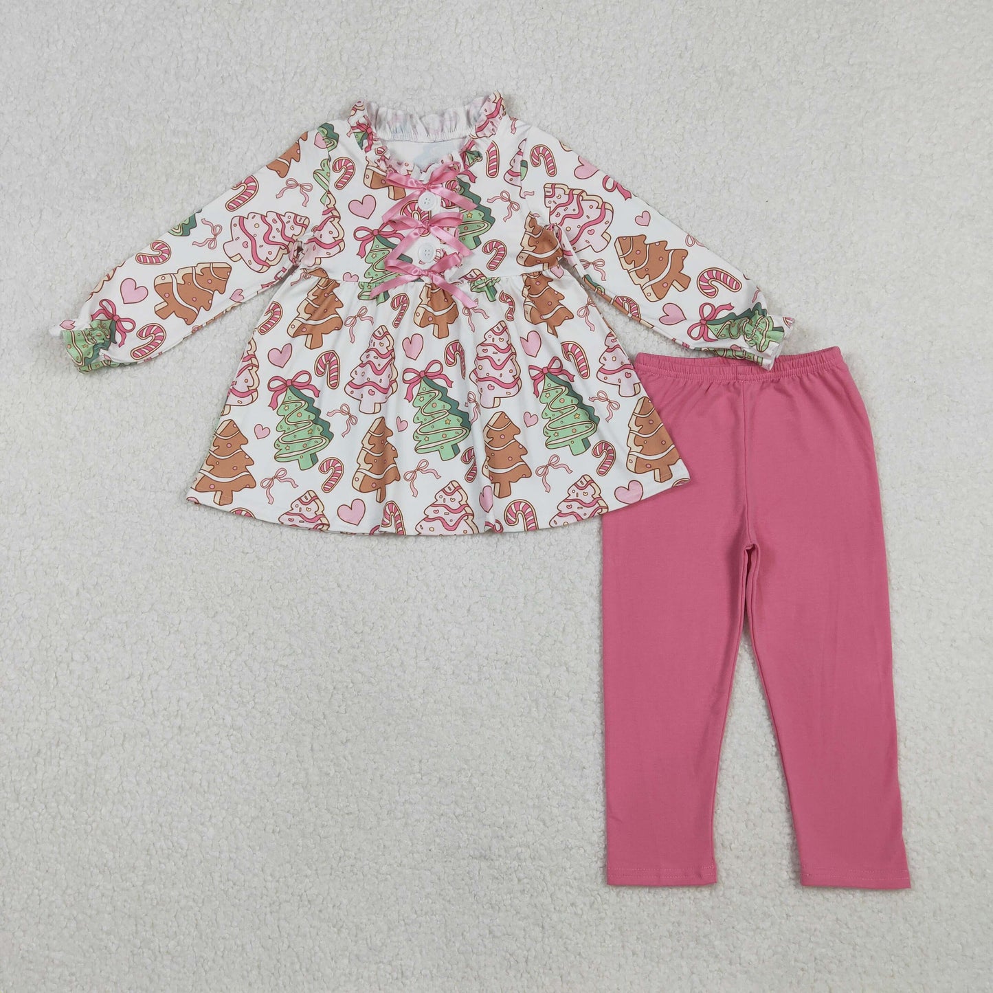 12/18m-7/8t RTS NO MOQ(In Stock) GLP2629 White and Pink Long-Sleeved Pants Set with Christmas Tree Heart Cane Bow