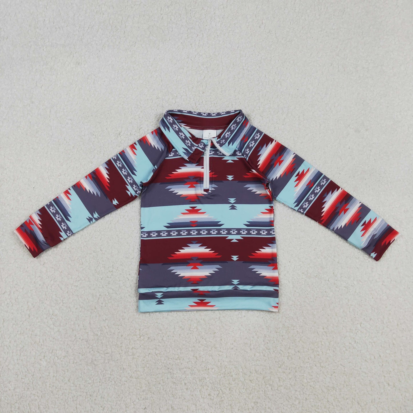 RTS NO MOQ(In Stock) BT1467 Geometric Blue and Red Zipper Long-Sleeve Top