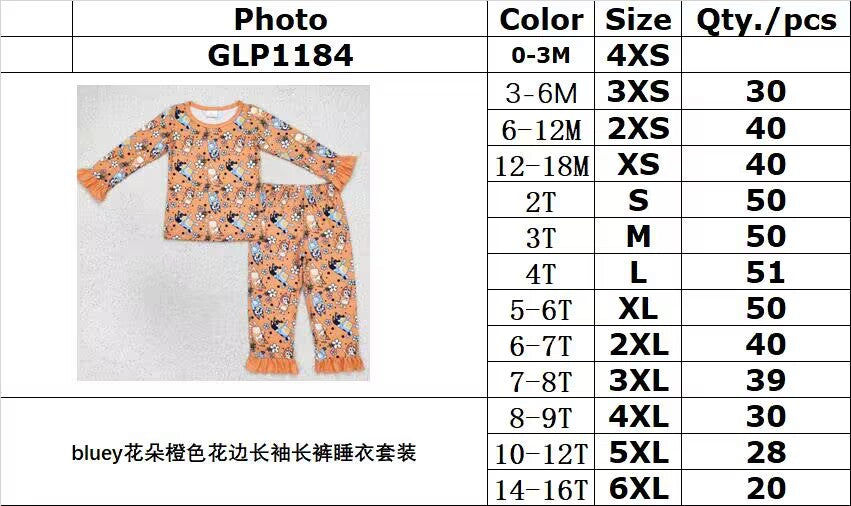 rts no moq GLP1184 girls flower orange long sleeve long pants pajama set