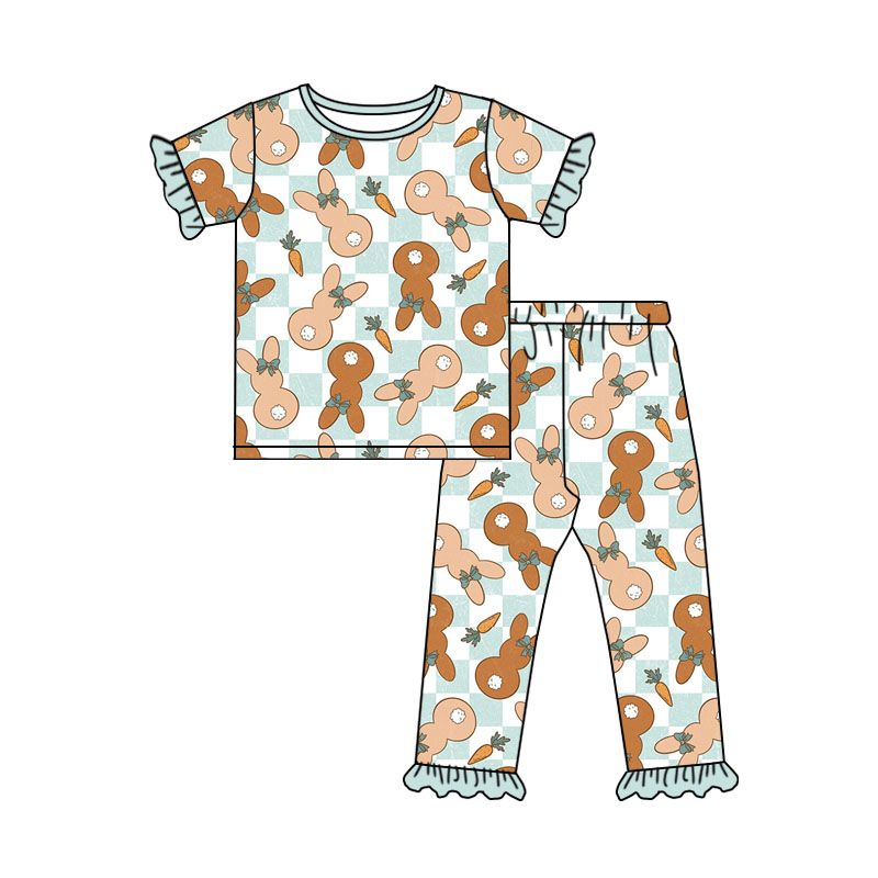 GSPO1182 Rabbit carrot plaid lace light blue short-sleeved trousers suit