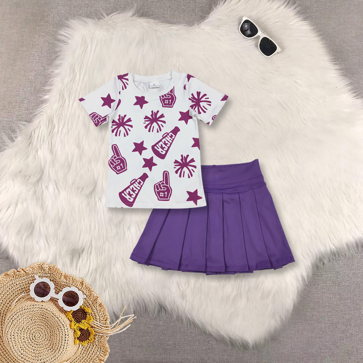 RTS NO MOQ Sibling baby girls clothes Cheer fireworks star white short-sleeved top skirt sets