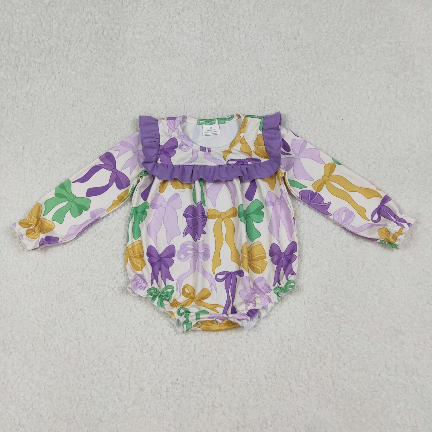 RTS NO MOQ(In Stock) LR2642 Mardi Gras Bow Pattern Purple Lace Long Sleeve Romper