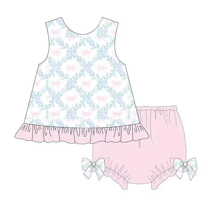 Custom moq 5 each style eta 6-7weeks baby girl clothes bow floral sleeveless brief set-25.7.29