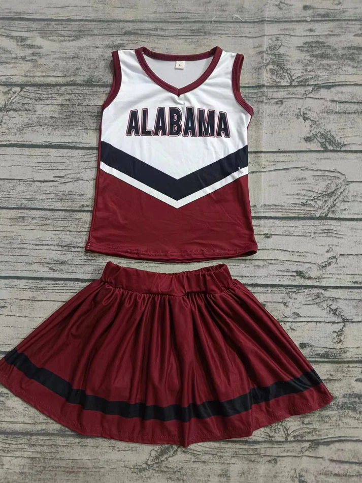 Custom moq 5 each style eta 6-7weeks baby girl clothes team brick red sleeveless skirts sets-25.8.6