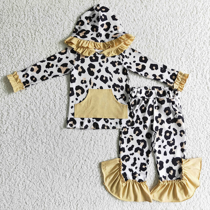 RTS NO MOQ Baby Girls Lace Leopard Pocket Hooded Pullover Long Sleeve Pants Set