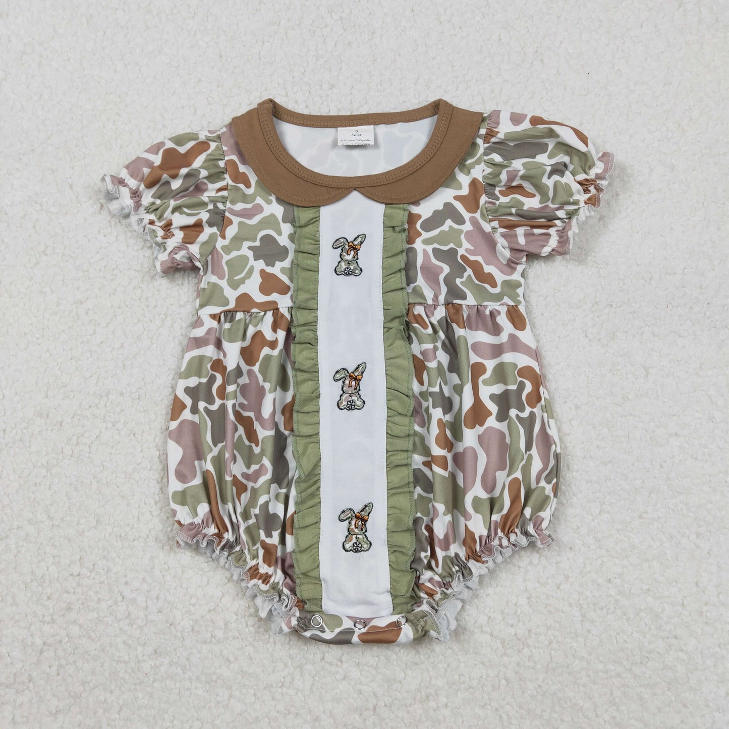 RTS NO MOQ(In Stock) SR3259 Embroidered Camouflage Bunny Jumpsuit with Bow and Lace Peter Pan Collar