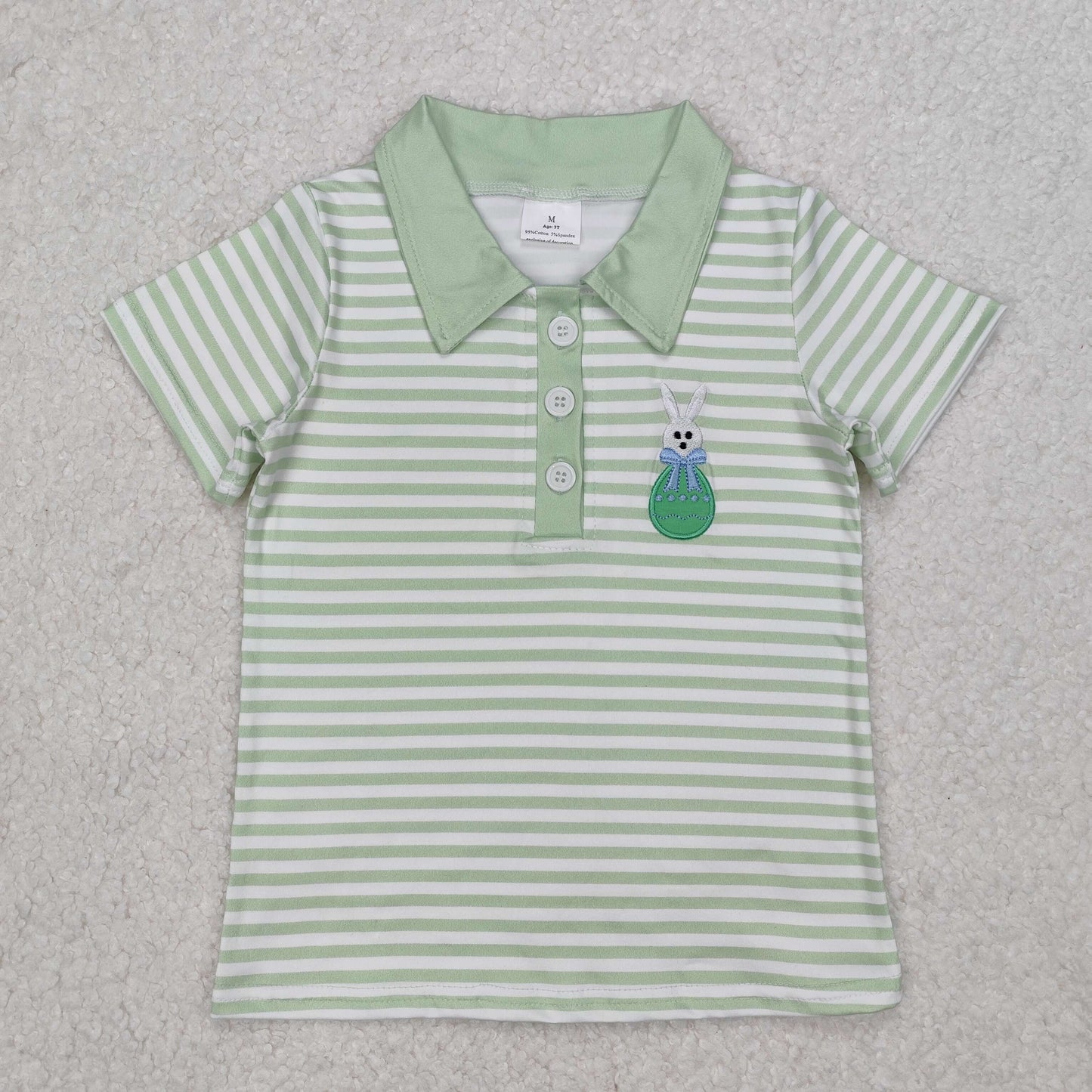 RTS NO MOQ(In Stock) Embroidered Easter egg bunny green striped short-sleeved top