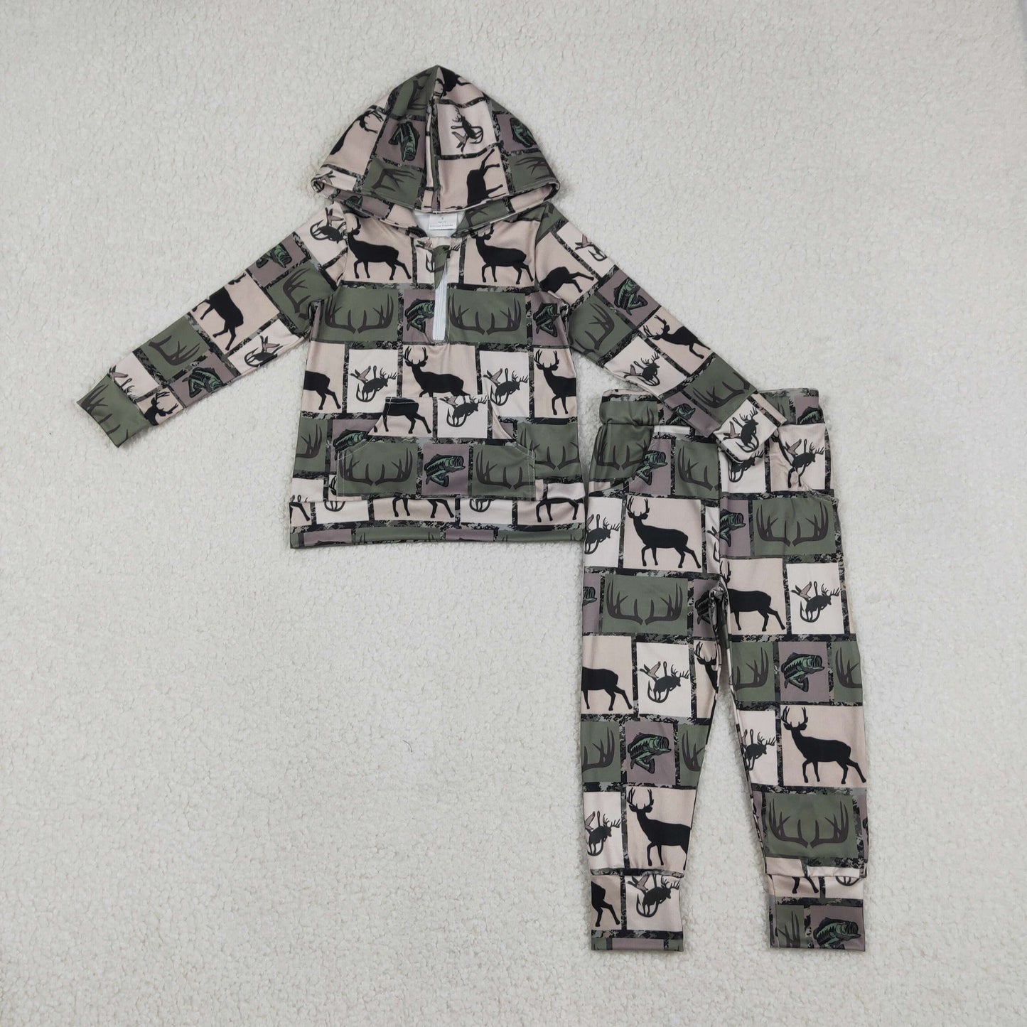 RTS NO MOQ(In Stock) Reindeer Antler Fishing Check Hunting Zipper Hooded Long-Sleeve Pants Set