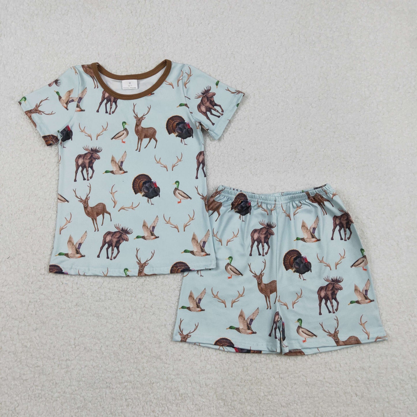 RTS NO MOQ(In Stock) GSSO2709 Duck, Reindeer, Turkey Blue-Brown Short-Sleeve Shorts Pajama Set