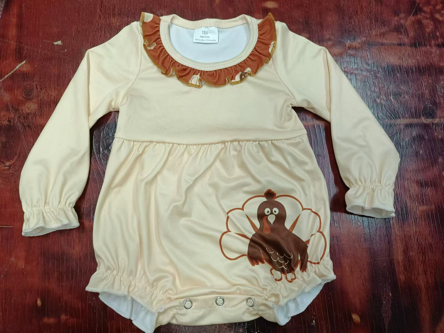 Custom moq 3 eta 6-7weeks Brown Turkey Ruffled Trim Crew Neck Beige Long Sleeve Romper