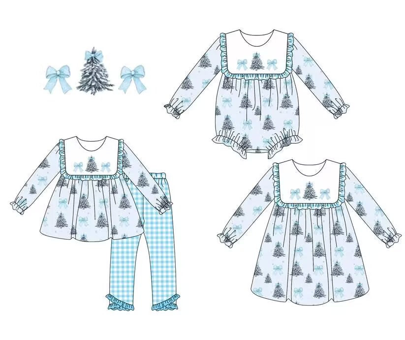 Custom moq 5 each style eta 6-7weeks baby girl clothes Christmas bow blue long sleeve pants sets and romper and dress -25.8.8