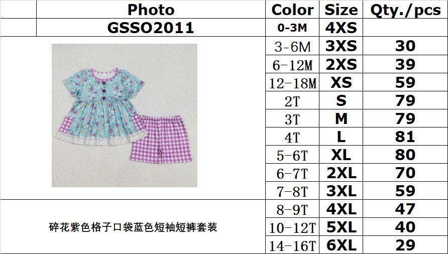 RTS NO MOQ ETA 5/7days Arrived GSSO2011 Floral purple plaid pocket blue short-sleeved shorts set