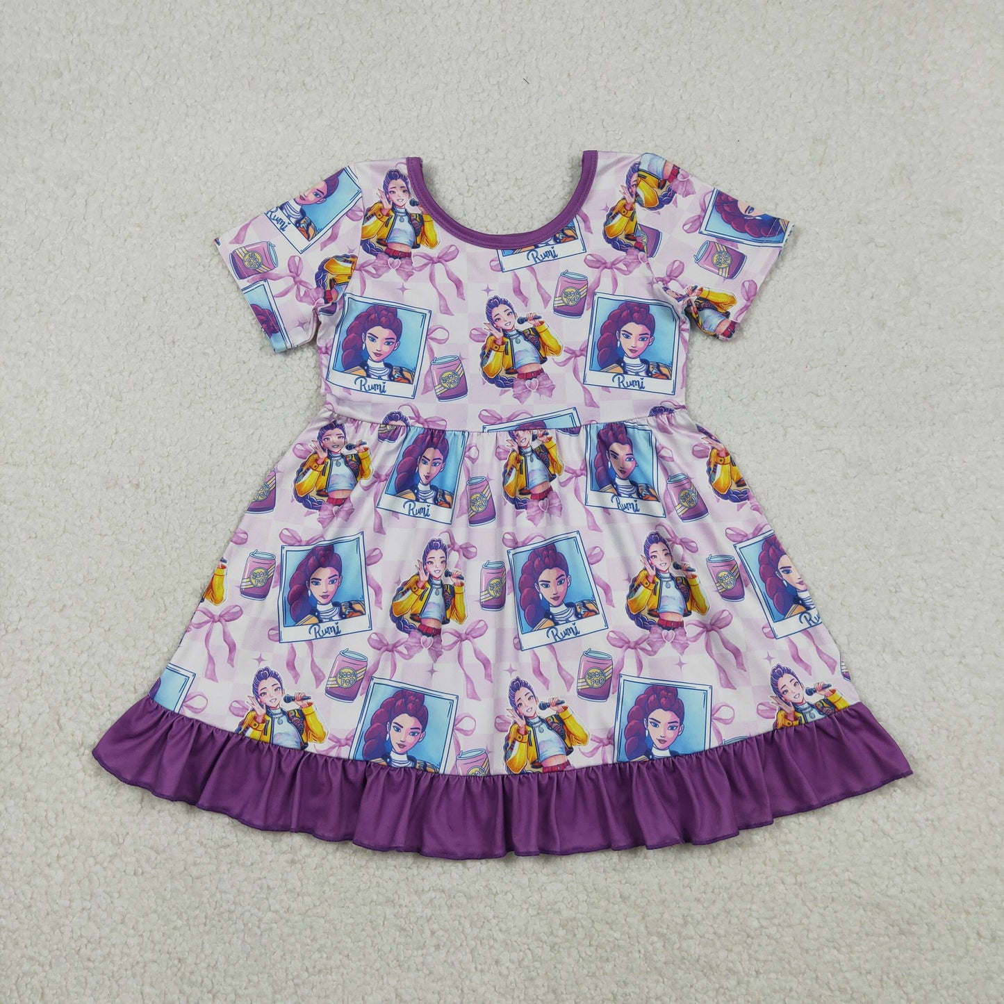 12/18m-14/16t RTS NO MOQ(In Stock) Kpop photo bow pattern plaid purple lace short-sleeved dress