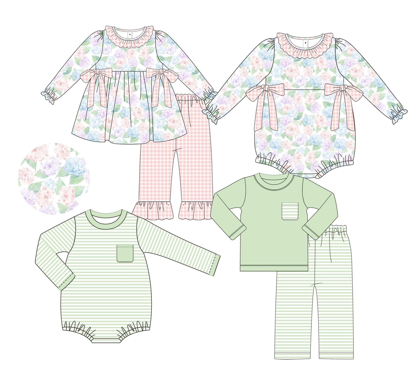 Custom moq 5 each style eta 6-7weeks baby girl clothes floral long sleeve pants 1 and pants sets 2 and romper 1 and romper 2