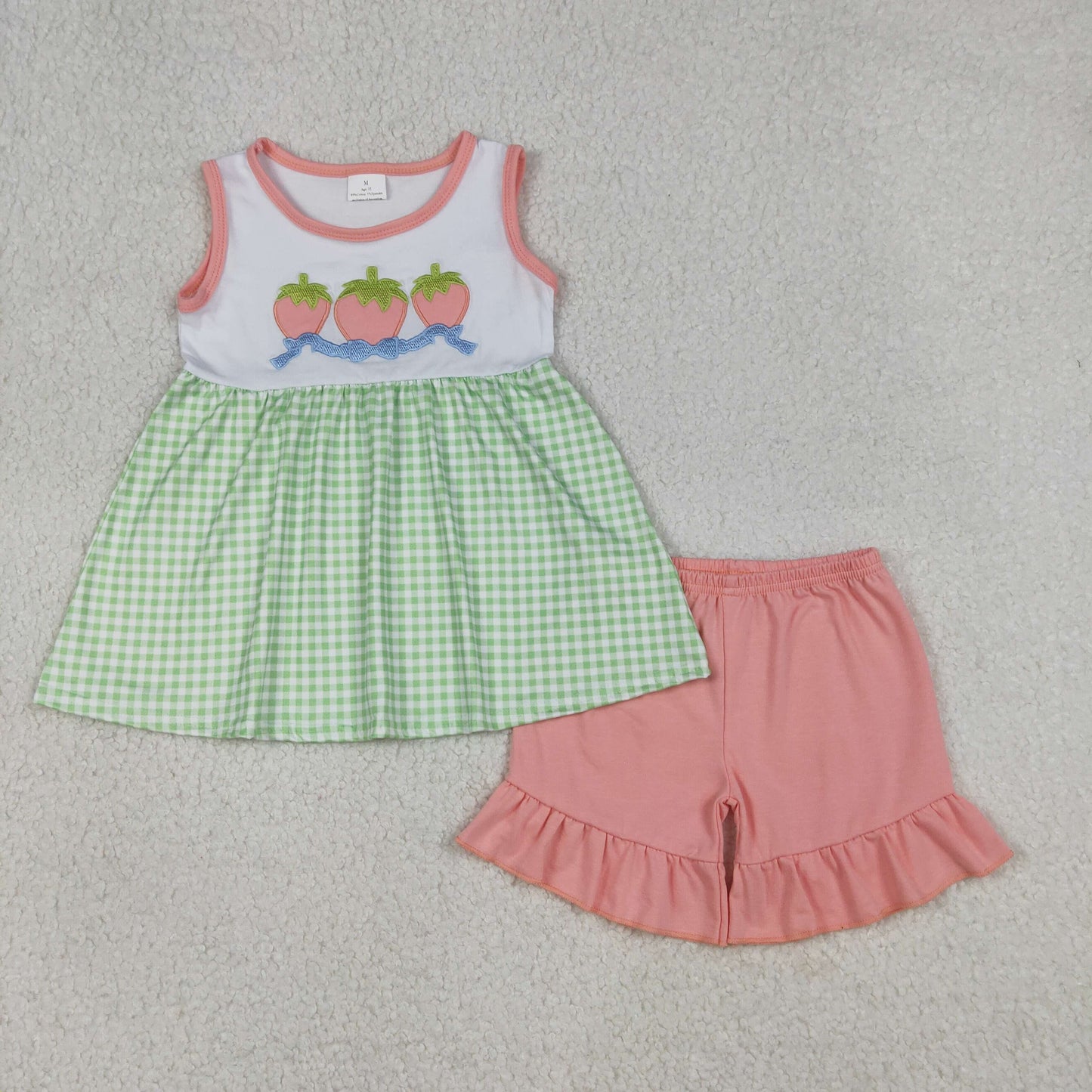 RTS NO MOQ(In Stock) GSSO2981 Embroidered Strawberry Bow Pattern Green Plaid Sleeveless Pink Shorts Set