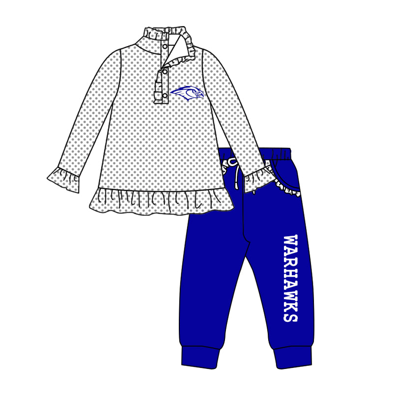 Deadline October 4 custom no moq eta 6-8weeks Black and White Polka Dot Eagle Head Button Pullover & Klein Blue Trousers Set