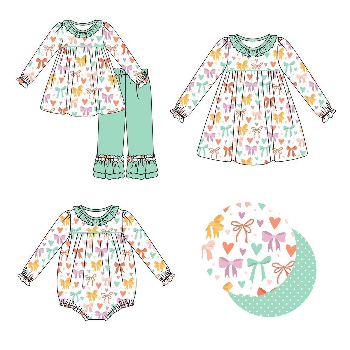 Custom moq 5 each style eta 6-7weeks baby girl clothes love bow long sleeve pants sets and romper and dress -25.8.9