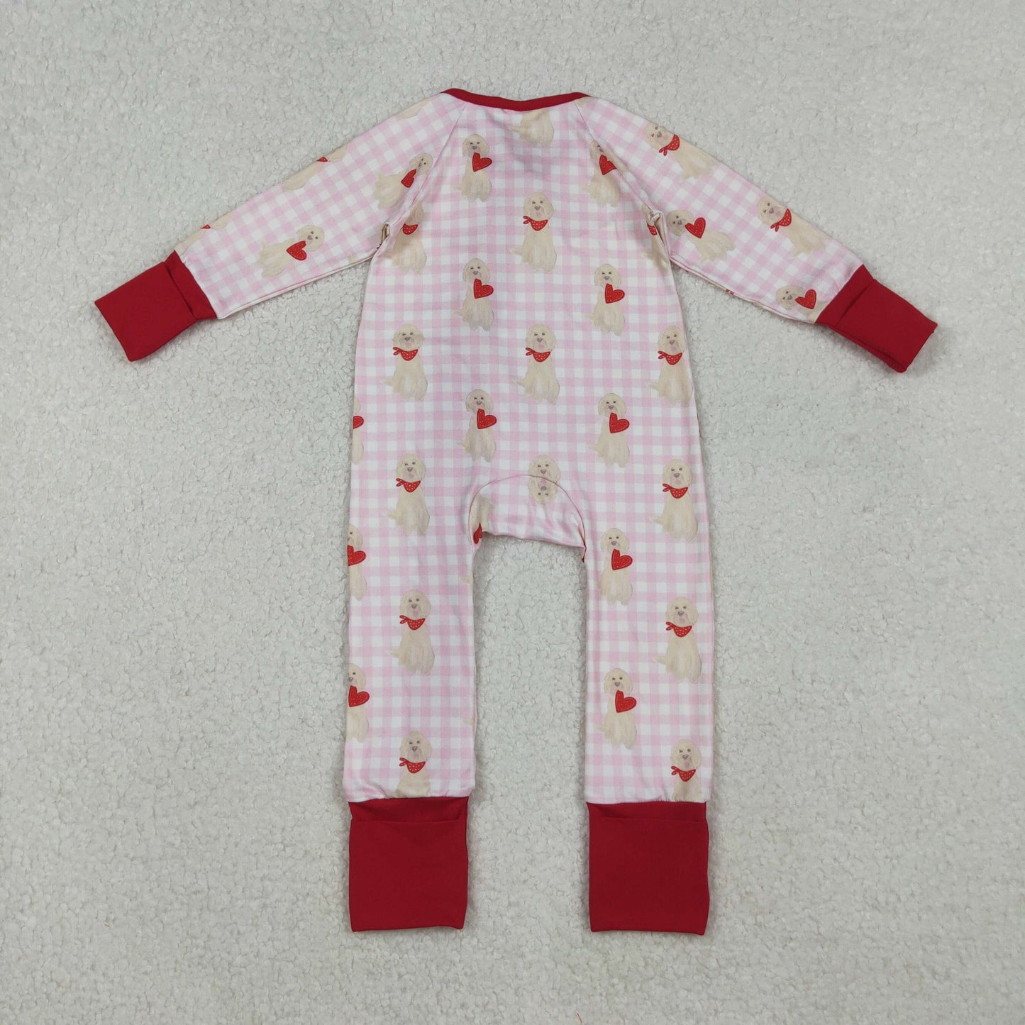 RTS NO MOQ(In Stock) LR2681 Pink plaid long-sleeved bodysuit with red lace and heart puppy zipper