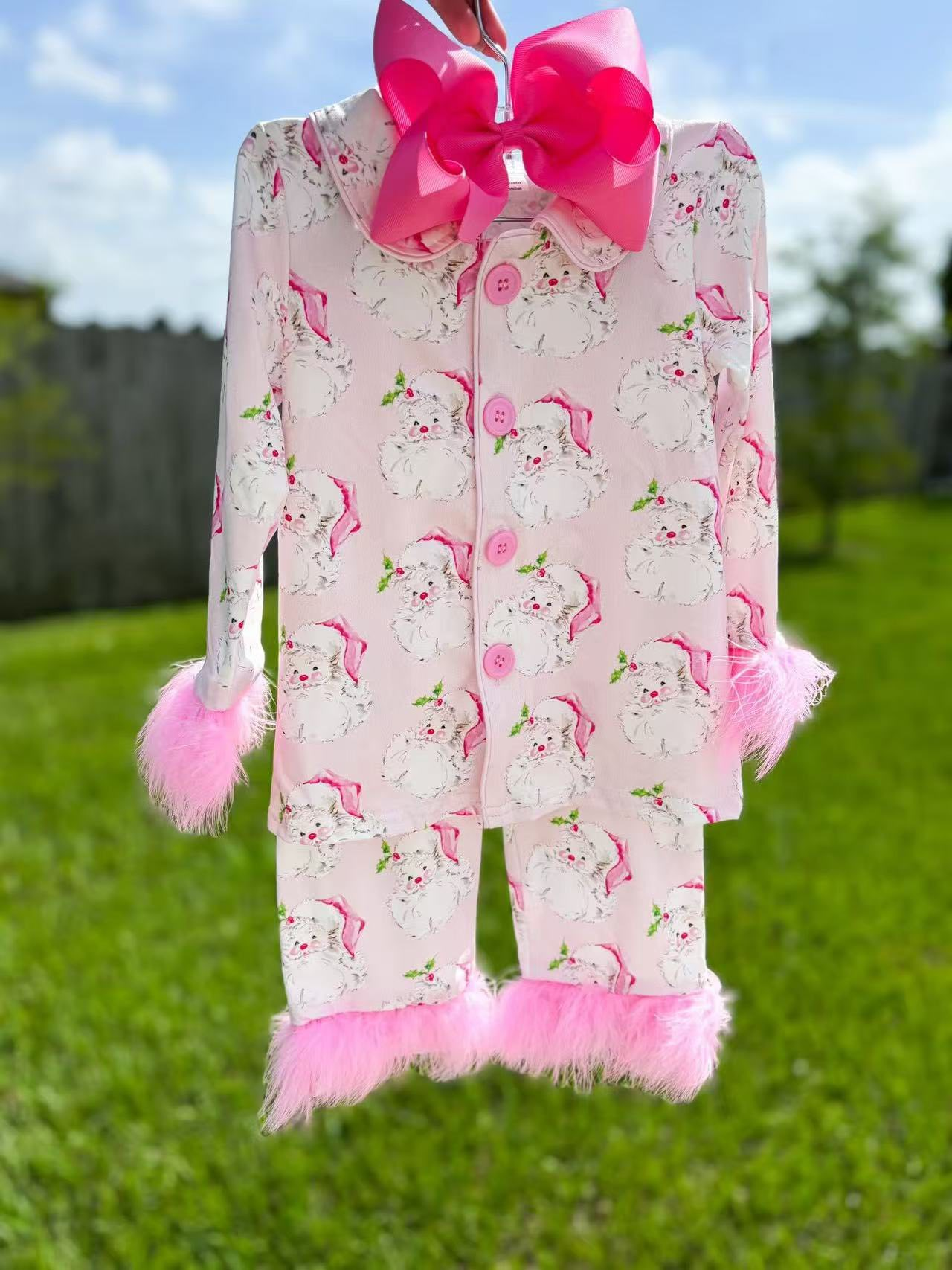 RTS NO MOQ Sibling Baby Girls Christmas Pink Plush Button Long Sleeve Long Pants Pajama Set
