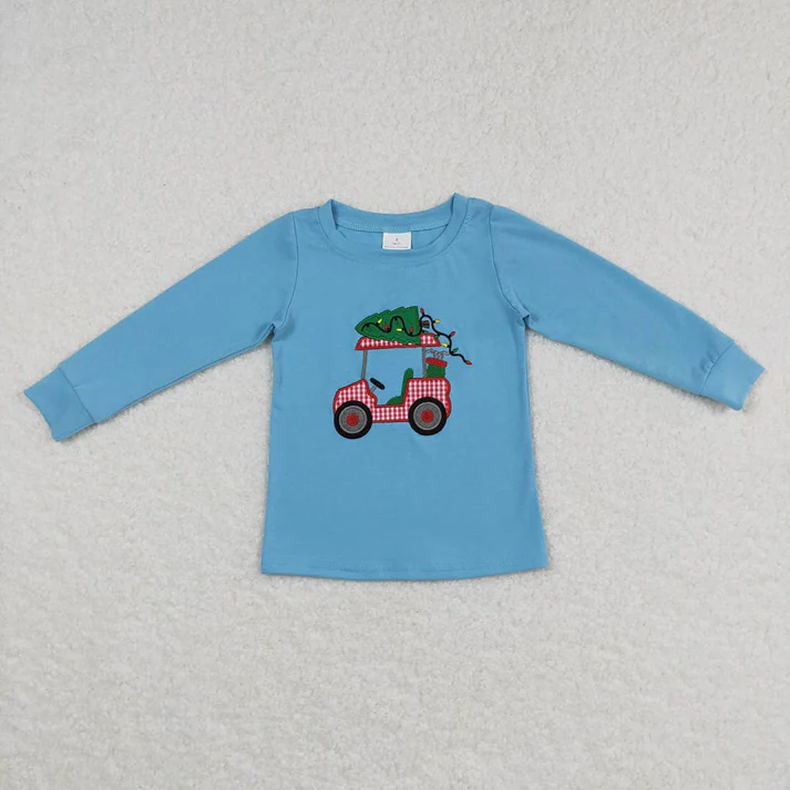 RTS NO MOQ Embroidered Tour Bus-Christmas Tree Pattern Blue Long Sleeve Dress*Long Sleeve Top