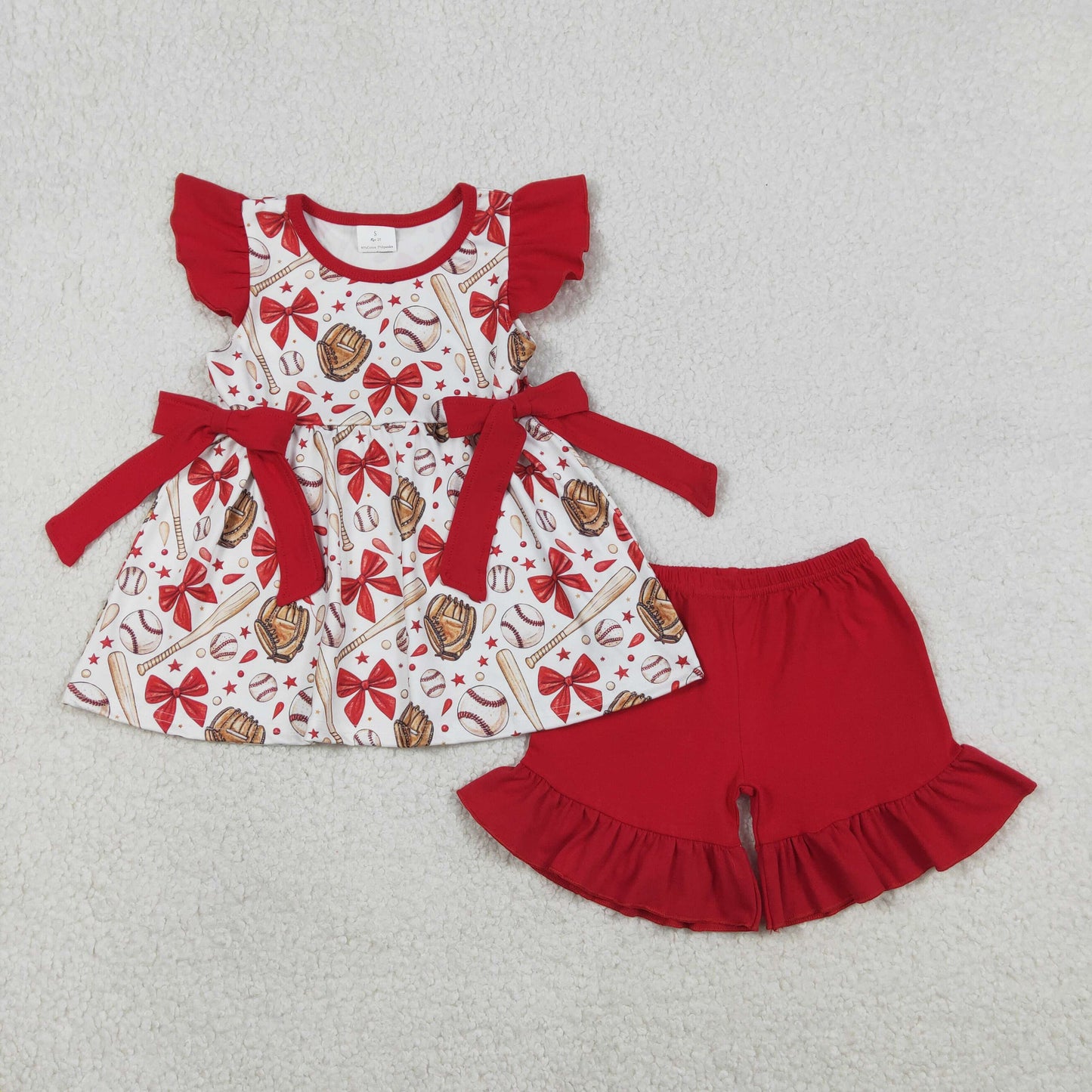 RTS NO MOQ(In Stock) GSSO3058 Red bow-patterned baseball glove and white shorts set