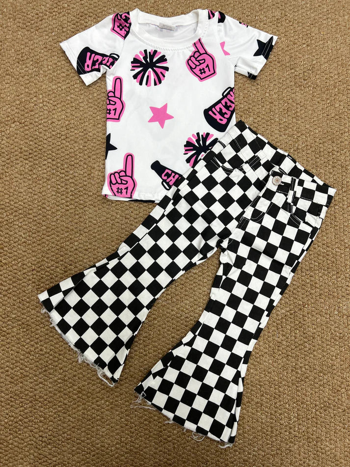 RTS NO MOQ Baby Girls Pink Shirt Black Checkered Bell Denim Pants Cheer Outfit Set Baby Girl's Clothing Set