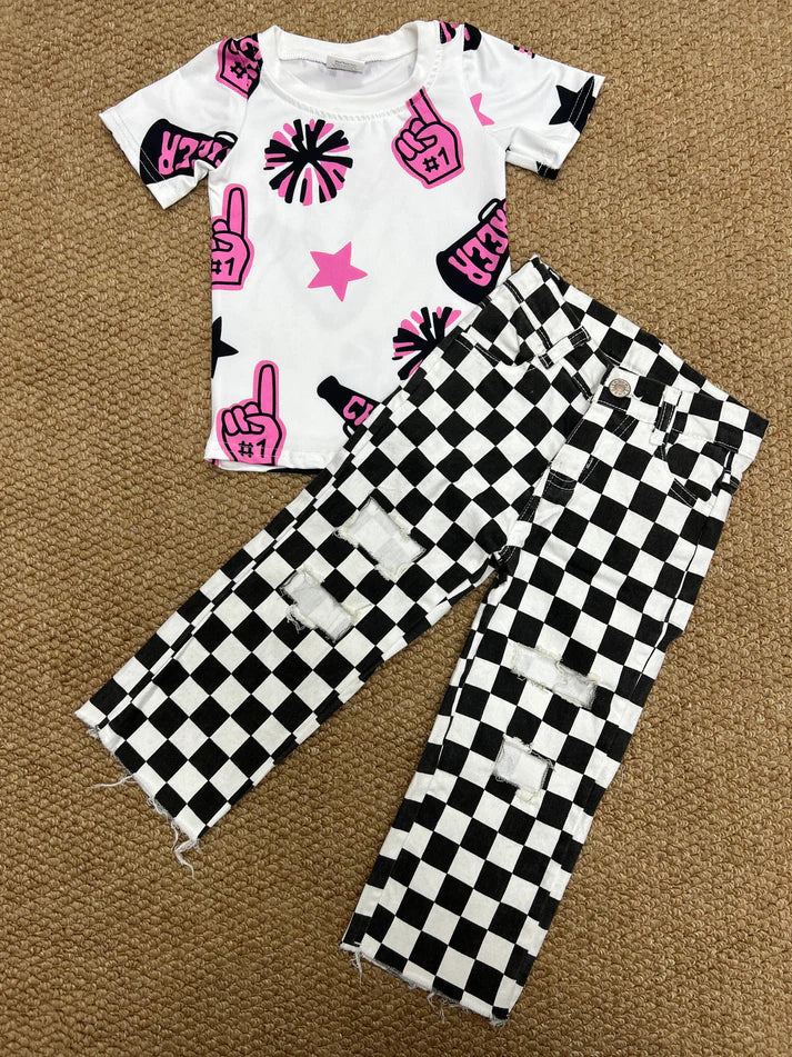RTS NO MOQ Baby Girls Pink Shirt And Black Checkered Denim Pants Outfit Set Cute Cheerleader Clothing for Infants