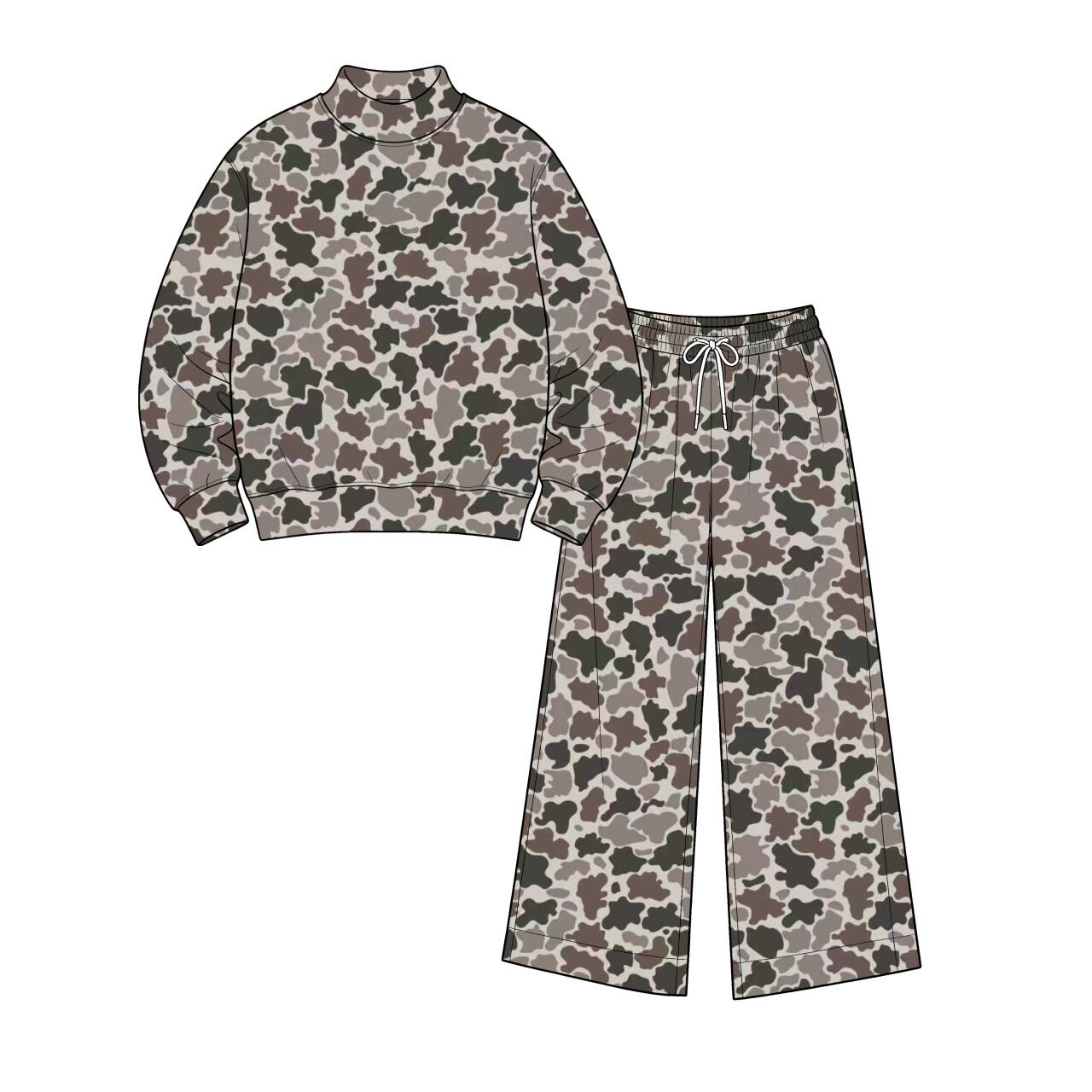 pre order no moq TESC0102 High Neck Baby Kids Camo Print Long Sleeve Top Pant Casual Clothes Set