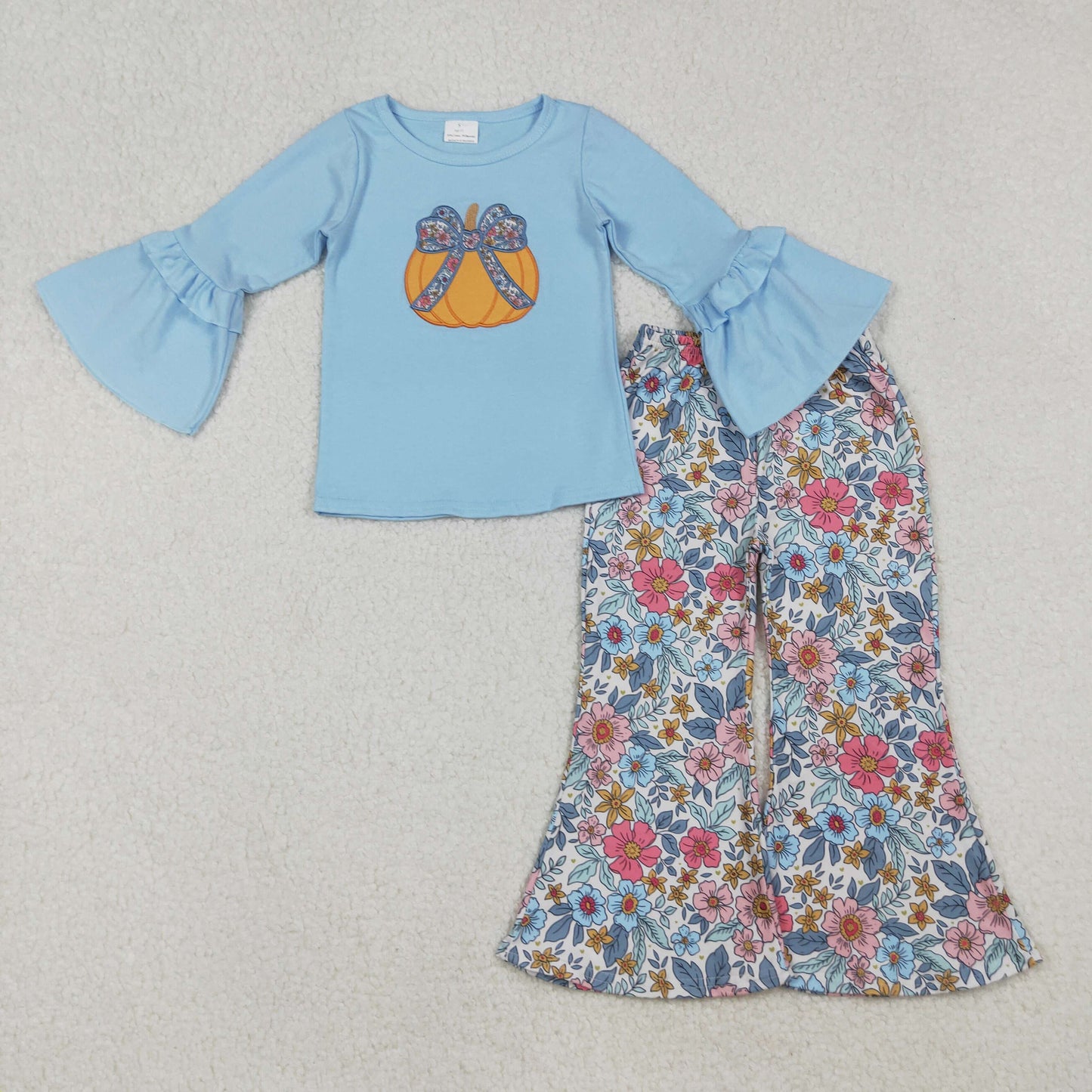 RTS NO MOQ(In Stock) GLP2596 Embroidered Flower and Bow Pattern Pumpkin Blue Long-Sleeved Pants Set