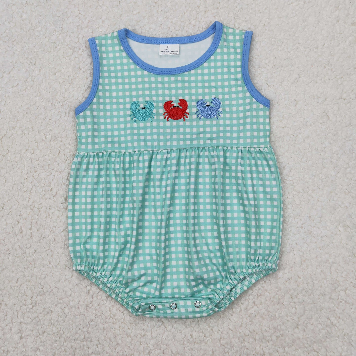 RRTS NO MOQ(In Stock) Boys Embroidered Crab Green Plaid Vest Bodysuit