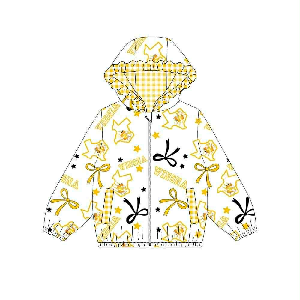 Custom moq 5 mix size milk silk summer teams baby girls clothes lace bow yellow hooded long sleeve top-25.9.6