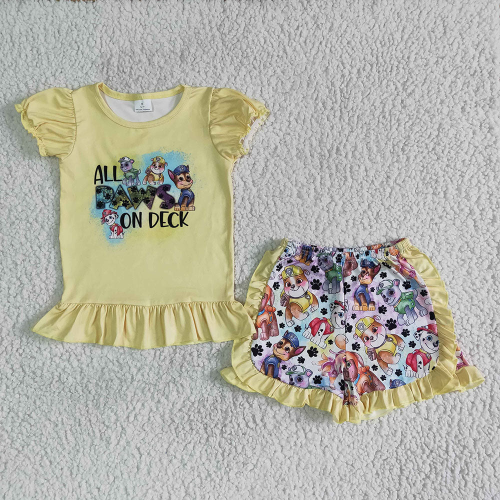 Best Sell RTS Baby Girls Dog Short Sleeve Ruffle Shorts Set Cute Outfit for Infants