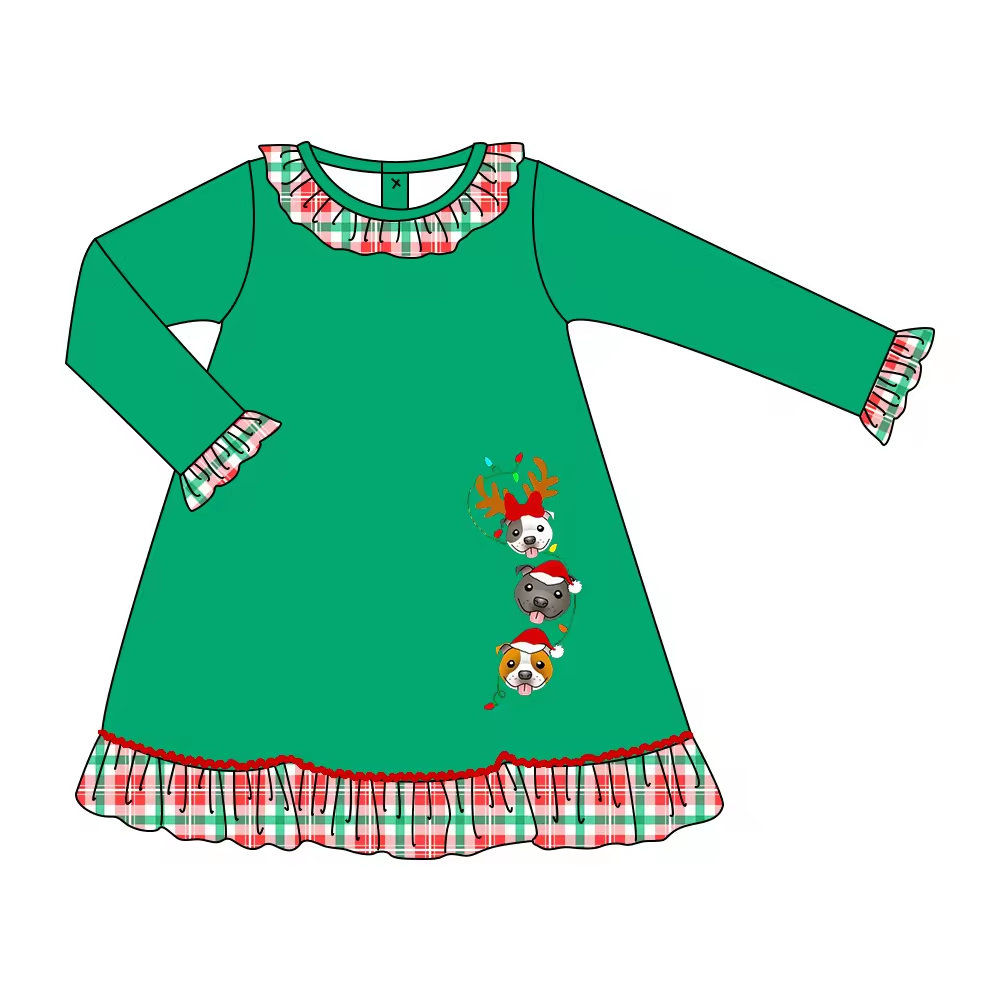 Custom moq 3 eta 6-8weeks Long Sleeve Green Christmas Puppy Lace Plaid Neck-Cuff Maxi Dress
