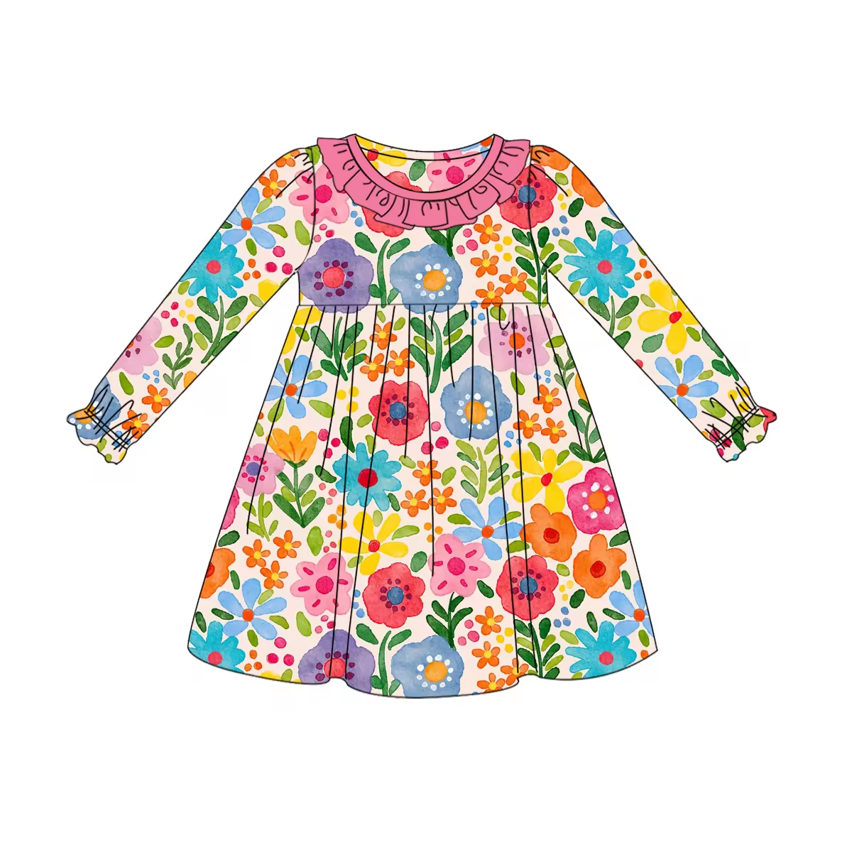 Custom moq 3 eta 6-8weeks Cream style flower green leaf pleated neckline long sleeves