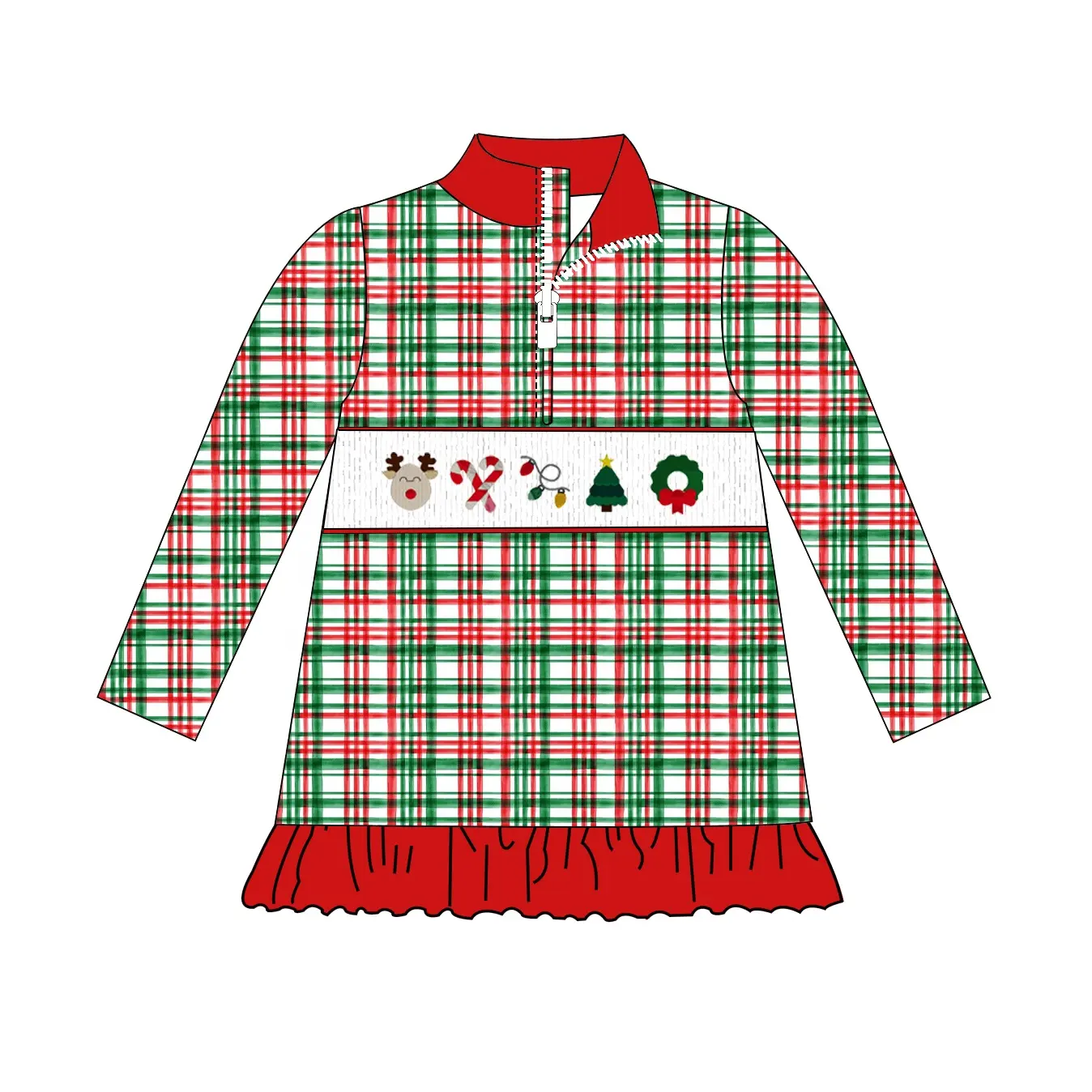 Custom moq 3 eta 7/8week moq 5 eta /4/5week Red and green irregular lines plaid ruffle skirt zipper pullover long sleeve dress